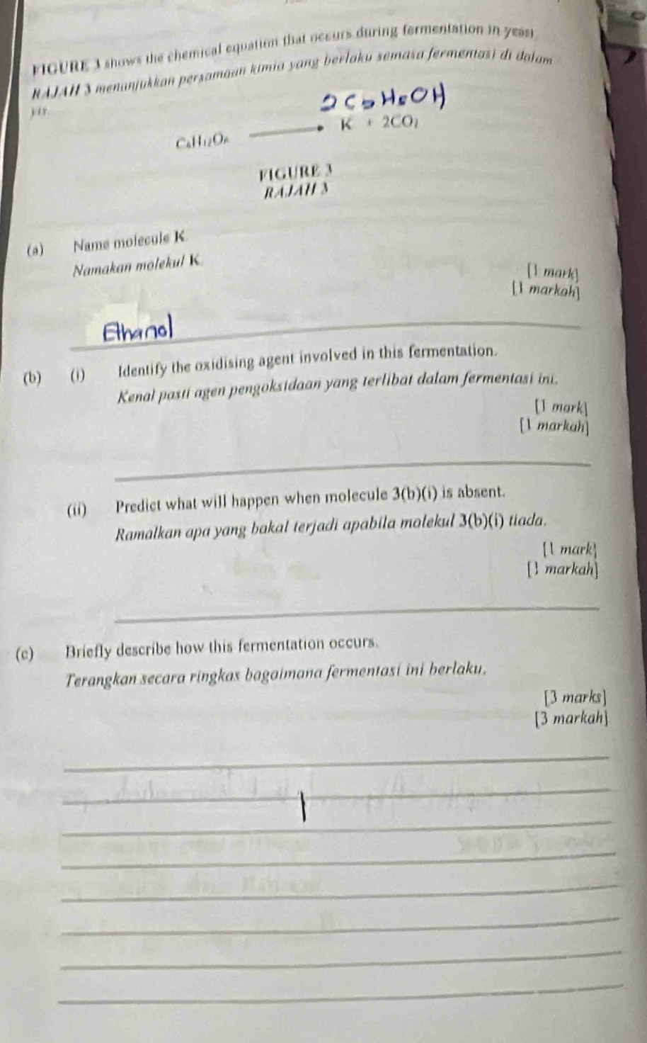 FIGURE 3 shows the chemical equation that occurs during fermentation in yeast 
RAIAH 3 menanjukkan persamaan kimia yang berlaku semasa fermentasi di dalam 
) / , . 
_ K· 2CO_2
CaH₁2On
FIGURE 3 
RAJAH 3 
(a) Name molecule K
Namakan molekul K
[ mark 
[1 markah] 
Ethano]_ 
(b)(i) Identify the oxidising agent involved in this fermentation. 
Kenal pasti agen pengoksidaan yang terlibat dalam fermentasi ini. 
[1 mark] 
[1 markah] 
_ 
(ii) Predict what will happen when molecule 3 (b)(i) is absent. 
Ramalkan apa yang bakal terjadi apabila molekul 3(b)(i) tiada. 
[l mark] 
[ markah] 
_ 
(c) Briefly describe how this fermentation occurs. 
Terangkan secara ringkas bagaimana fermentasi ini berlaku. 
[3 marks] 
[3 markah] 
_ 
_ 
_ 
_ 
_ 
_ 
_ 
_