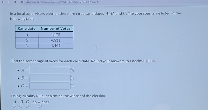 In a local supervisors election there are three candidates. A. B, and C. The voce counts are listed in the 
following table: 
Find the percentage of votes for each candidate. Round your answers to 1 decimal place
A=□°
B=□
C=□
Using Plurality Rule, determine the winner of the election 
A y no winner