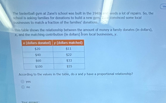 Ver
The basketball gym at Zane's school was built in the 1940s and needs a lot of repairs. So, the
school is asking families for donations to build a new gym, Zone convinced some local
businesses to match a fraction of the families' donations.
This table shows the relationship between the amount of money a family donates (in dollars),
x, and the matching contribution (in dollars) from local businesses, y.
According to the values in the table, do x and y have a proportional relationship?
yes
no
Your answer: