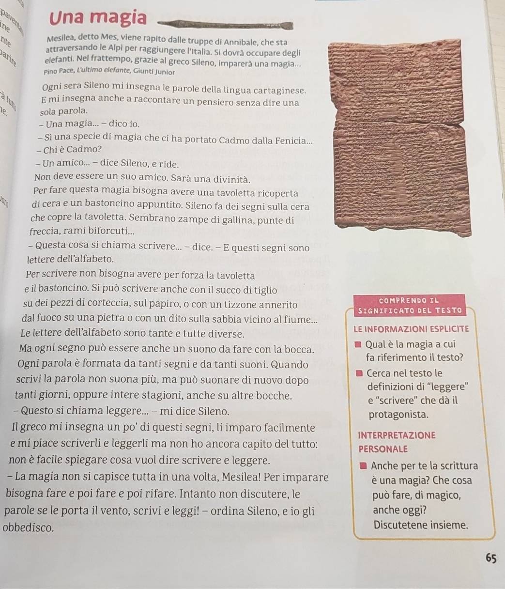 a Una magia
avent
nte
Mesilea, detto Mes, viene rapito dalle truppe di Annibale, che sta
attraversando le Alpi per raggiungere l'Italia. Si dovrà occupare degli
arin elefanti. Nel frattempo, grazie al greco Sileno, imparerà una magia...
Pino Pace, L'ultimo elefante, Giunti Junior
Ogni sera Sileno mi insegna le parole della lingua cartaginese.
a tun E mi insegna anche a raccontare un pensiero senza dire una
le. sola parola.
- Una magia... - dico io.
- Sì una specie di magia che ci ha portato Cadmo dalla Fenicia...
- Chi è Cadmo?
- Un amico... - dice Sileno, e ride.
Non deve essere un suo amico. Sarà una divinità.
Per fare questa magia bisogna avere una tavoletta ricoperta
di cera e un bastoncino appuntito. Sileno fa dei segni sulla cera
che copre la tavoletta. Sembrano zampe di gallina, punte di
freccia, rami biforcuti...
- Questa cosa si chiama scrivere... - dice. - E questi segni sono
lettere dell’alfabeto.
Per scrivere non bisogna avere per forza la tavoletta
e il bastoncino. Si può scrivere anche con il succo di tiglio
su dei pezzi di corteccia, sul papiro, o con un tizzone annerito COMPRENDO IL
SíGniFICATO DEL TeSto
dal fuoco su una pietra o con un dito sulla sabbia vicino al fiume...
Le lettere dell’alfabeto sono tante e tutte diverse. LE INFORMAZIONI ESPLICITE
Ma ogni segno può essere anche un suono da fare con la bocca. Qual è la magia a cui
fa riferimento il testo?
Ogni parola è formata da tanti segni e da tanti suoni. Quando
Cerca nel testo le
scrivi la parola non suona più, ma può suonare di nuovo dopo
definizioni di “leggere”
tanti giorni, oppure intere stagioni, anche su altre bocche.
e “scrivere” che dà il
- Questo si chiama leggere... - mi dice Sileno. protagonista.
Il greco mi insegna un po’ di questi segni, li imparo facilmente INTERPRETAZIONE
e mi piace scriverli e leggerli ma non ho ancora capito del tutto: PERSONALE
non è facile spiegare cosa vuol dire scrivere e leggere.
Anche per te la scrittura
- La magia non si capisce tutta in una volta, Mesilea! Per imparare è una magia? Che cosa
bisogna fare e poi fare e poi rifare. Intanto non discutere, le può fare, di magico,
parole se le porta il vento, scrivi e leggi! - ordina Sileno, e io gli anche oggi?
obbedisco. Discutetene insieme.
65