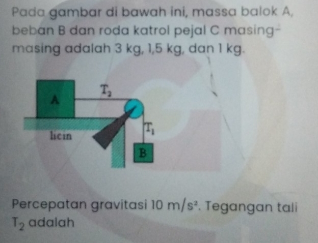 Pada gambar di bawah ini, massa balok A,
beban B dan roda katrol pejal C masing-
masing adalah 3 kg, 1,5 kg, dan 1 kg.
Percepatan gravitasi 10m/s^2. Tegangan tali
T_2 adalah