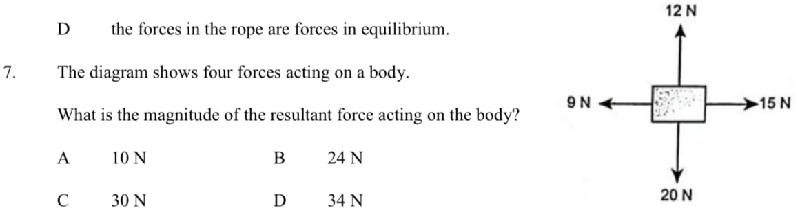 12 N
D₹ the forces in the rope are forces in equilibrium.
7. The diagram shows four forces acting on a body.
What is the magnitude of the resultant force acting on the body?
A 10 N B 24 N
C 30 N D 34 N