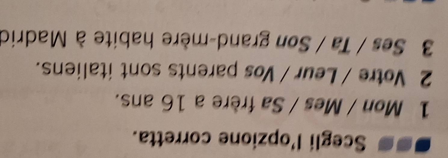 Scegli l'opzione corretta.
1 Mon / Mes / Sa frère a 16 ans.
2 Votre / Leur / Vos parents sont italiens.
3 Ses / Ta / Son grand-mère habite à Madric