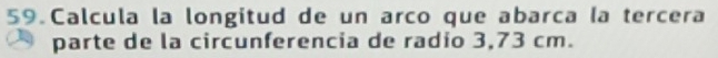 Calcula la longitud de un arco que abarca la tercera 
parte de la circunferencia de radio 3,73 cm.