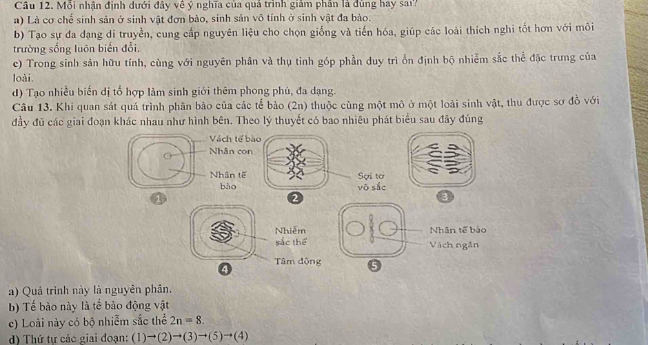 Mỗi nhận định dưới đây về ý nghĩa của quá trình giảm phân là đủng hay sa'?
a) Là cơ chế sinh sản ở sinh vật đơn bào, sinh sản vô tính ở sinh vật đa bào.
b) Tạo sự đa dạng di truyền, cung cấp nguyên liệu cho chọn giống và tiến hóa, giúp các loài thích nghi tốt hơn với môi
trường sống luôn biến đổi.
c) Trong sinh sản hữu tính, cùng với nguyên phân và thụ tinh góp phần duy trì ổn định bộ nhiễm sắc thể đặc trưng của
loài.
d) Tạo nhiều biến dị tổ hợp làm sinh giới thêm phong phú, đa dạng.
Câu 13. Khi quan sát quá trình phân bào của các tế bào (2n) thuộc cùng một mô ở một loài sinh vật, thu được sơ dhat o với
đầy đủ các giai đoạn khác nhau như hình bên. Theo lý thuyết có bao nhiêu phát biểu sau đây đúng
Vách tế bào
Nhân con
Nhân tế Sợi tơ
bào vô sắc
1
2
3
Nhiễm Nhân tế bào
sắc thể Vách ngăn
④ Tâm động 6
a) Quá trình này là nguyên phân.
b) Tế bào này là tế bào động vật
c) Loài này có bộ nhiễm sắc thể 2n=8.
d) Thứ tự các giai đoạn: (1)to (2)to (3)to (5)to (4)