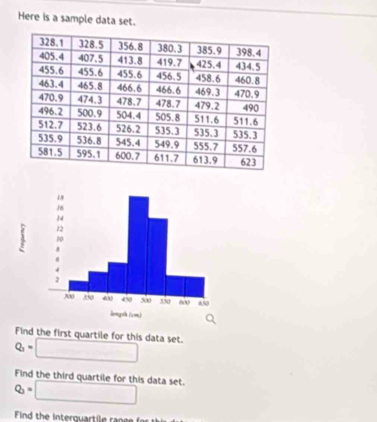 Here is a sample data set. 
Find the first quartile for this data set.
Q_1=□
Find the third quartile for this data set.
Q=□
Find the interquartile ran e t