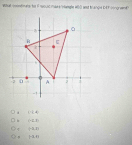 What coordinate for F would make triangle ABC and triangle DEF congruent?
a (-2,4)
b (-2,3)
C (-3,3)
σ (-3,4)