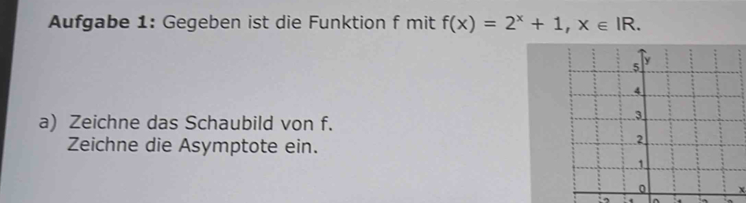 Aufgabe 1: Gegeben ist die Funktion f mit f(x)=2^x+1, x∈ IR. 
a) Zeichne das Schaubild von f. 
Zeichne die Asymptote ein. 
4