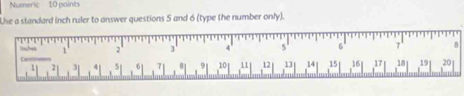 Numeric 10 paints 
Use a standard inch ruler to answer questions 5 and 6 (type the number only). 
tisches 1 2 3 4
6 7 ' 8
1 2 31 4 51 61 71 81 9 10 11 12 13 14 15 16 17 18 19 20