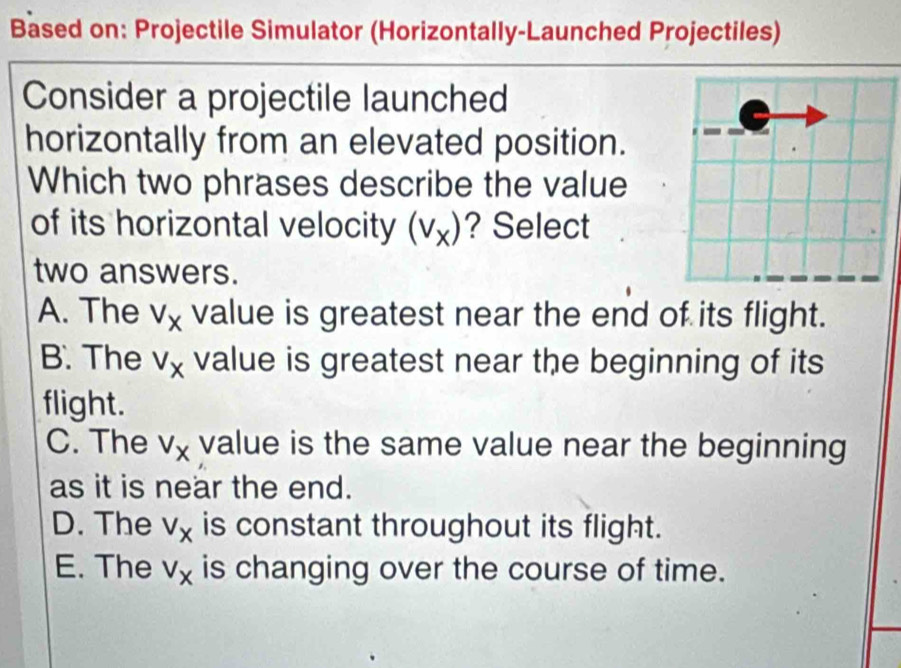 Based on: Projectile Simulator (Horizontally-Launched Projectiles)
Consider a projectile launched
horizontally from an elevated position.
Which two phrases describe the value
of its horizontal velocity (v_x) ? Select
two answers.
A. The v_x value is greatest near the end of its flight.
B. The v_x value is greatest near the beginning of its
flight.
C. The v_x value is the same value near the beginning
as it is near the end.
D. The v_x is constant throughout its flight.
E. The v_x is changing over the course of time.