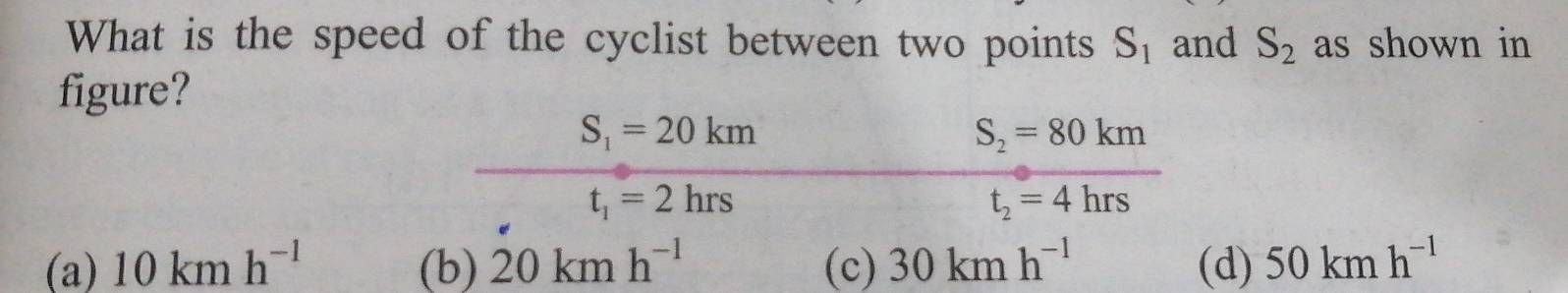 What is the speed of the cyclist between two points S_1 and S_2 as shown in
figure?
S_1=20km
S_2=80km
t_1=2hrs
t_2=4hrs
(a) 10kmh^(-1) (b) 20kmh^(-1) (c) 30kmh^(-1) (d) 50kmh^(-1)