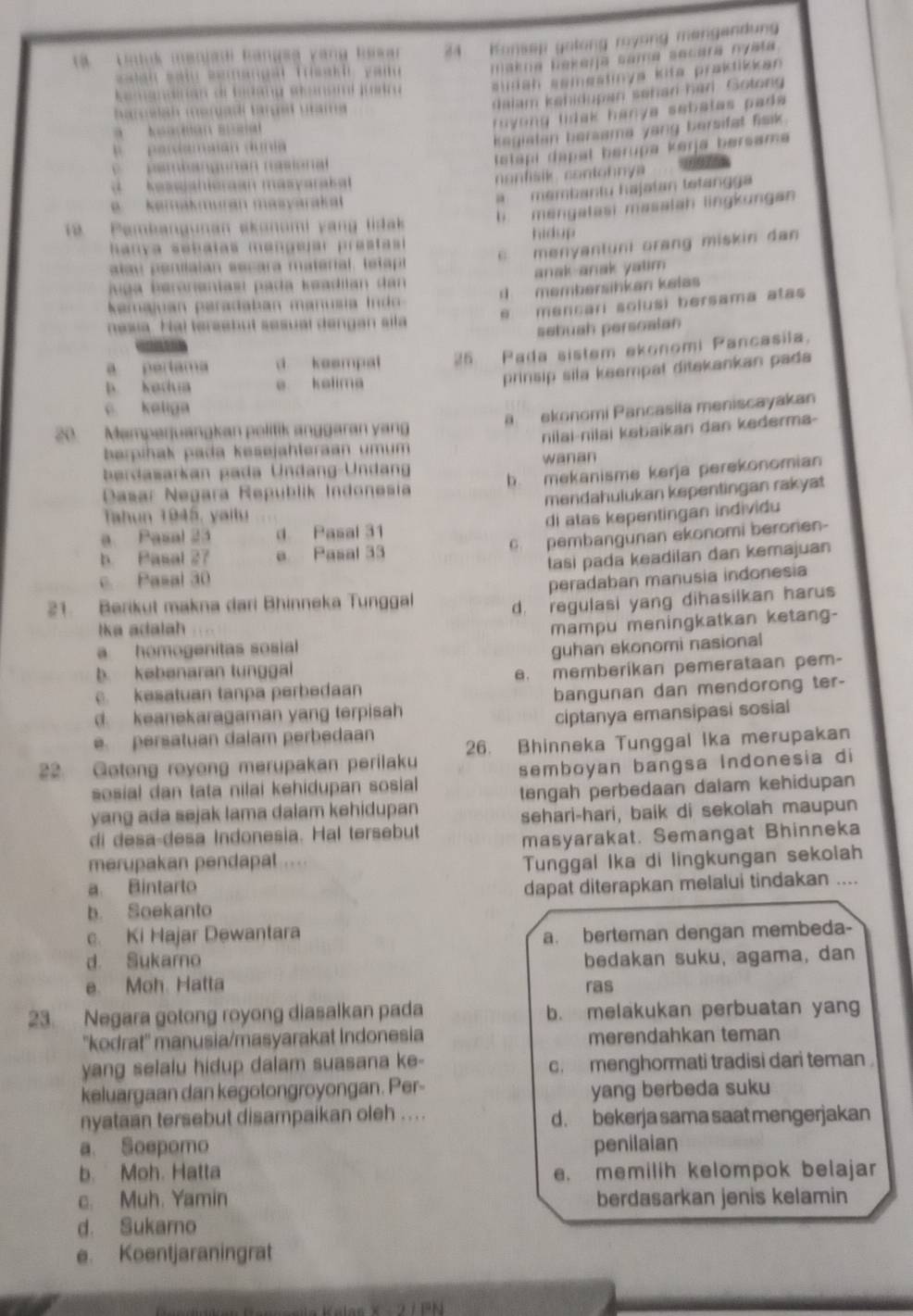 a '   L atk menjadi kangsa vang ko 34   Konsen gotong royong mengendung
o  s a i  aemançal  taaki y  a m  makna bakaŋja sama secára nyata .
siah samestmya kita prakikian
dalam kehidupan sehan har. Gotong
a eah me ra d tar get uma 
kegiatan hersama yang bersifat fisik .
h u     
fuyong liak hanya sebalas pada .
pasia  ó d  
pa ma  o a maona
tstpi dapal berupa kerja bersama 
Kasaaheraan masyaraka
nonfisik contohnya 
kemakmwran masvarakat
a   membantu hajafan tetangga
b mengatasi masalah lingkungan
2  Pembangunan akonomi yang lidak
hanya sebatas mengejar prestai hidgp
e  menyantuni orang miskin dan 
ala u  eniaian secara material, teta
vga beranentasí pada kæadilan dan anak anak yatim .
kemajuan paradaban manusia I d d  membersihkan kelas
*    mençari solusi bersama atas
nesia Hal tersebut sesuaï dengan sila
sebuah persoaian
a pertama d kesmpal 25 Pada sistem ekonomi Pancasila.
b Kodua e kalima
prinsip sila keempat ditekankan pada
c keliga
aekonomi Pancasila meniscayakan
20. Mamperjuangkan politik anggaran yan
berpihak pada kesejähteraan umum nilai-nilai kəbaikan dan kederma-
ardasarkan pada U ndang-Undan wanan
b mekanisme kerja perekonomian
Dasar Negara Republik Indonesia
mendahulukan kepentingan rakyat
Tahun 1945, yailu di atas kepentingan individu
a Pasal 23 d Pasal 31
b. Pasal 27 e Pasal 33 c pembangunan ekonomi berorien-
tasi pada keadilan dan kemajuan
c. Pasal 30
21. Berikut makna dari Bhinneka Tunggal peradaban manusia indonesia
d. regulasi yang dihasilkan harus
lka adalah
ahomogenitas sosial mampu meningkatkan ketang-
guhan ekonomi nasional
b. kebenaran tunggal
c kesatuan tanpa perbedaan e. memberikan pemerataan pem-
d keanekaragaman yang terpisah bangunan dan mendorong ter-
ciptanya emansipasi sosial
e persatuan dalam perbedaan 26. Bhinneka Tunggal Ika merupakan
22 Gotong royong merupakan perilaku
sosial dan tata nilai kehidupan sosial semboyan bangsa Indonesia di
yang ada sejak lama dalam kehidupan tengah perbedaan dalam kehidupan
sehari-hari, baik di sekolah maupun
di desa-desa Indonesia. Hal tersebut
masyarakat. Semangat Bhinneka
merupakan pendapat ....
Tunggal Ika di lingkungan sekolah
a. Bintarto dapat diterapkan melalui tindakan ....
b. Soekanto
c. Ki Hajar Dewantara
a. berteman dengan membeda-
d. Sukarno bedakan suku, agama, dan
e. Moh. Hatta ras
23. Negara gotong royong diasalkan pada b. melakukan perbuatan yang
''kodrat'' manusia/masyarakat Indonesia merendahkan teman
yang selalu hidup dalam suasana ke- c. menghormati tradisi dari teman .
keluargaan dan kegotongroyongan. Per-
yang berbeda suku
nyataan tersebut disampaikan oleh .... d . bekerja sama saat mengerjakan
a. Soepomo penilaian
b. Moh. Hatta e. memilih kelompok belajar
c. Muh. Yamin berdasarkan jenis kelamin
d. Sukaro
e. Koentjaraningrat