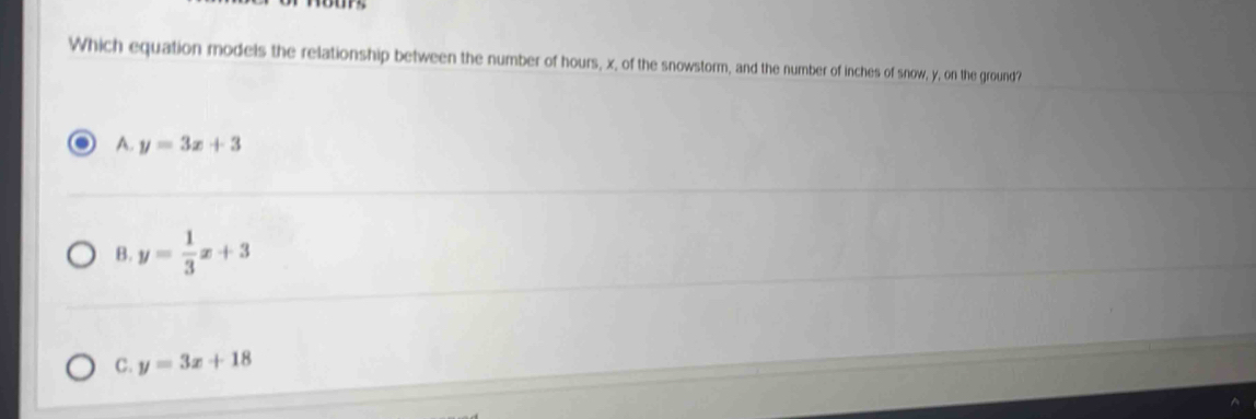 Which equation models the relationship between the number of hours, x, of the snowstorm, and the number of inches of snow, y, on the ground?
A. y=3x+3
B. y= 1/3 x+3
C. y=3x+18