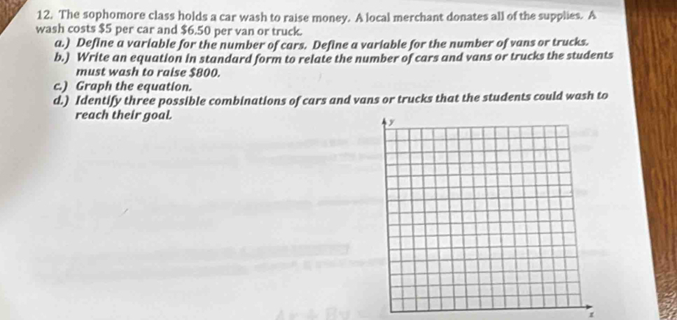 The sophomore class holds a car wash to raise money. A local merchant donates all of the supplies. A 
wash costs $5 per car and $6.50 per van or truck. 
a.) Define a variable for the number of cars. Define a variable for the number of vans or trucks. 
b.) Write an equation in standard form to relate the number of cars and vans or trucks the students 
must wash to raise $800. 
c.) Graph the equation. 
d.) Identify three possible combinations of cars and vans or trucks that the students could wash to 
reach their goal.