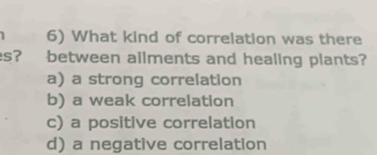 What kind of correlation was there
s? between ailments and healing plants?
a) a strong correlation
b) a weak correlation
c) a positive correlation
d) a negative correlation