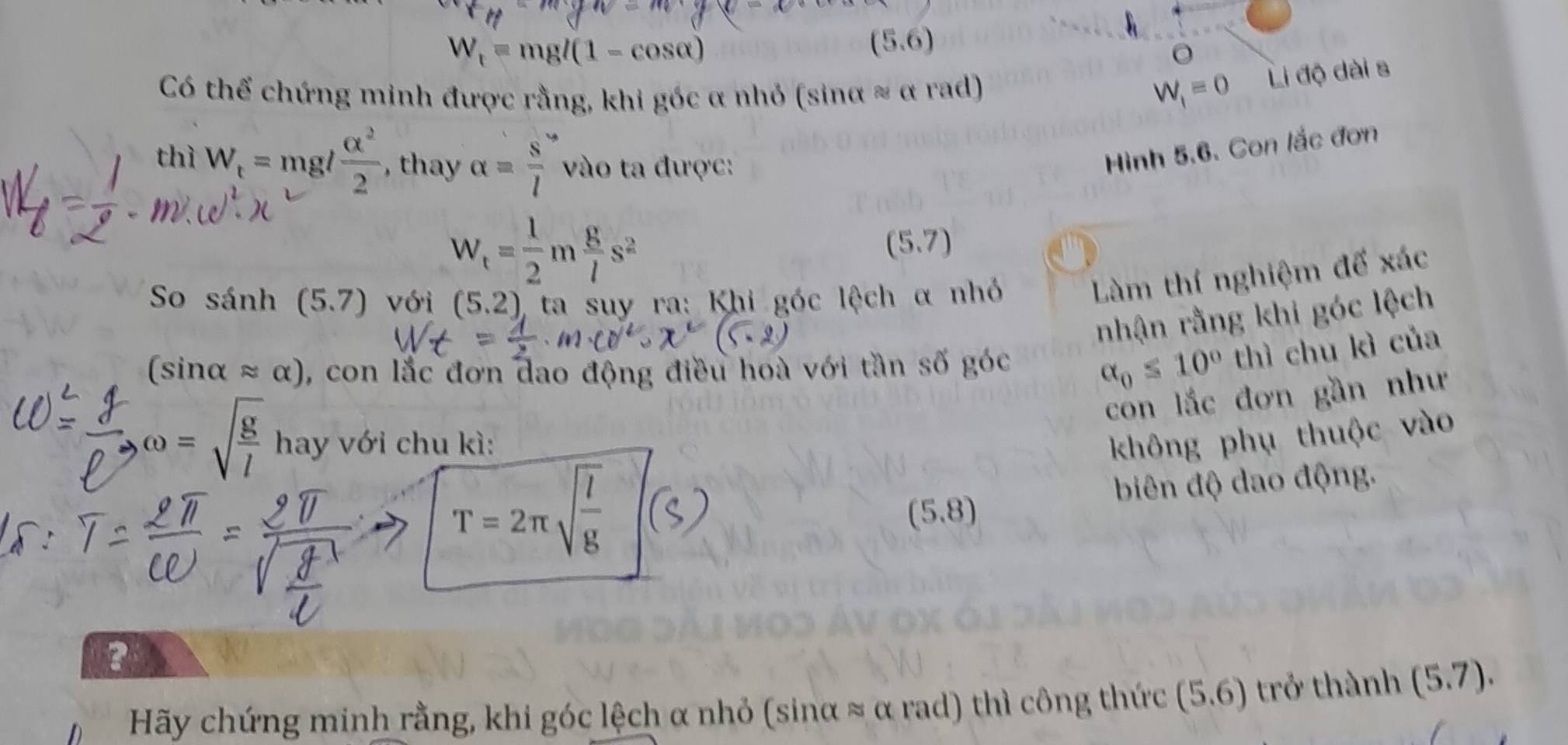 U=x
W_t=mgl(1-cos alpha )
(5.6)
Có thể chứng minh được rằng, khi góc α nhỏ (sinα ≈ α rad)
W_1=0 □ d lộ dài s 
thì W_t=mg/ alpha^2/2  , thay alpha = s/l  vào ta được: 
Hình 5.6. Con lắc đơn
W_t= 1/2 m g/l s^2
(5.7)
So sánh (5.7) với (5.2) ta suy ra: Khi góc lệch α nhỏ 
Làm thí nghiệm đế xác
nhận rằng khi góc lệch
(sin alpha xapprox alpha ) , con lắc đơn đao động điều hoà với tần số góc
alpha _0≤ 10° thì chu kì của 
con lắc đơn gần như
omega =sqrt(frac g)l hay với chu kì: không phụ thuộc vào
T=2π sqrt(frac l)g
biên độ dao động.
(5.8
a 
? 
Hãy chứng minh rằng, khi góc lệch α nhỏ (sinα ≈ α rad) thì công thức (5.6) trở thành (5.7).