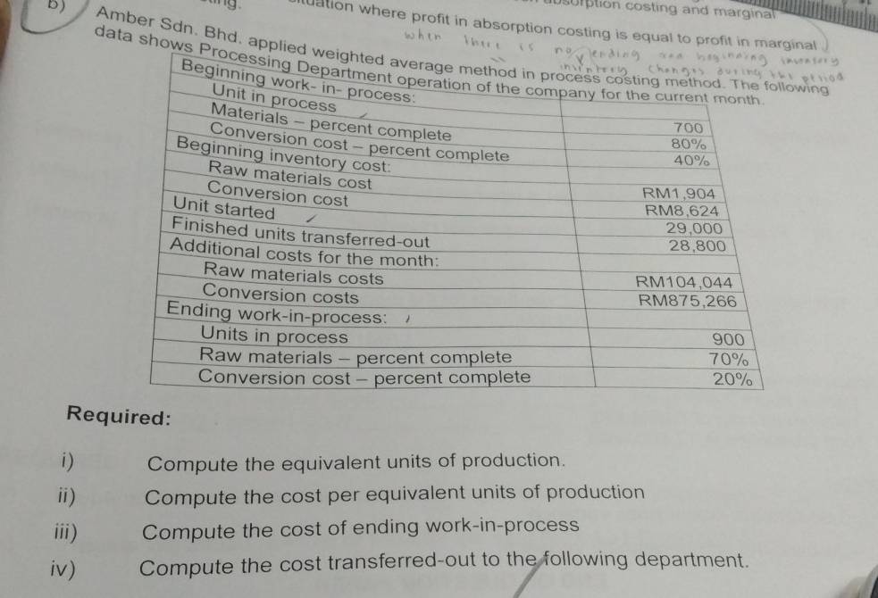 tion costing and margina 
stng uation where profit in absorption costing is equal to profit in marginal 
D) Amber Sdn. Bhd, appliing 
data shows 
Required: 
i) Compute the equivalent units of production. 
i) Compute the cost per equivalent units of production 
iii) Compute the cost of ending work-in-process 
iv) Compute the cost transferred-out to the following department.