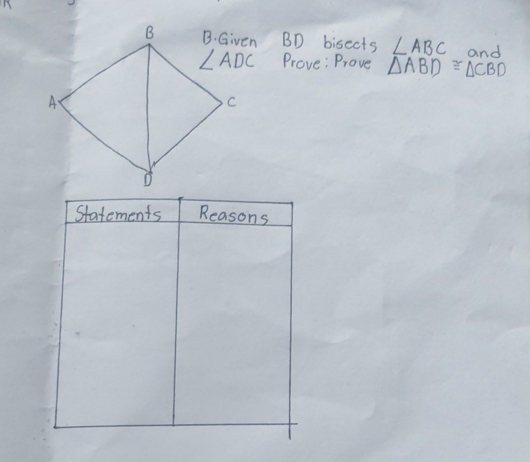 Given BD bisects ∠ ABC and
Prove: Prove △ ABD≌ △ CBD
Statements Reasons