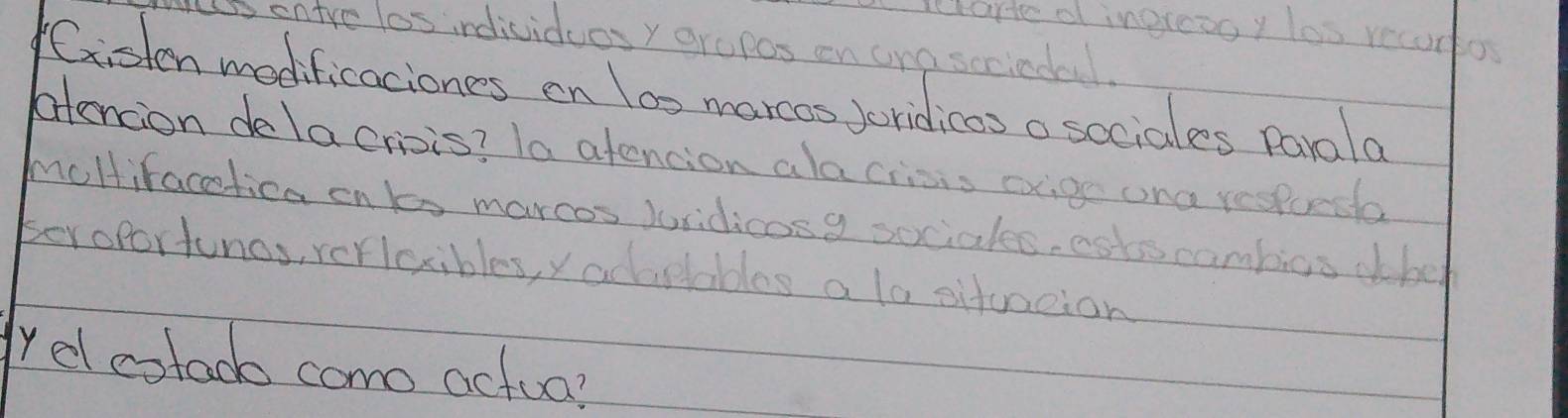 retare d ingroooy los recurtos 
Sentre los individuosy erapos oen ora seciedal. 
isten modificaciones on los marcos Joridicos o sociales parala 
ottencion delacriois? To atencion alacriois aig one resporte 
moltifacetica on ts marcos Jridicosg sociales, ests cambios dhe 
serofortuncs, rerlcibles, y acaelables a lo situaeion 
yelcotad como actua?