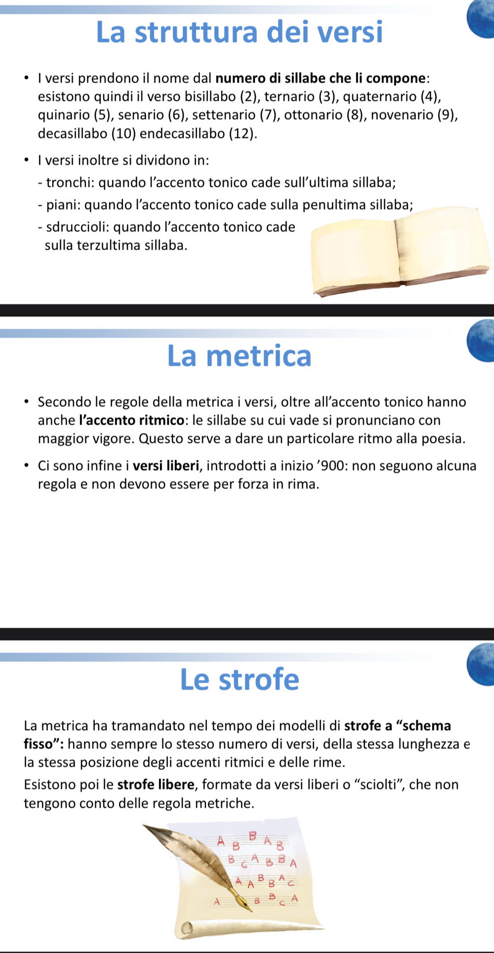 La struttura dei versi 
I versi prendono il nome dal numero di sillabe che li compone: 
esistono quindi il verso bisillabo (2), ternario (3), quaternario (4), 
quinario (5), senario (6), settenario (7), ottonario (8), novenario (9), 
decasillabo (10) endecasillabo (1 2). 
I versi inoltre si dividono in: 
- tronchi: quando l’accento tonico cade sull'ultima sillaba; 
- piani: quando l’accento tonico cade sulla penultima sillaba; 
- sdruccioli: quando l’accento tonico cade 
sulla terzultima sillaba. 
La metrica 
Secondo le regole della metrica i versi, oltre all’accento tonico hanno 
anche I’accento ritmico: le sillabe su cui vade si pronunciano con 
maggior vigore. Questo serve a dare un particolare ritmo alla poesia. 
Ci sono infine i versi liberi, introdotti a inizio ’ 900 : non seguono alcuna 
regola e non devono essere per forza in rima. 
Le strofe 
La metrica ha tramandato nel tempo dei modelli di strofe a “schema 
fisso”: hanno sempre lo stesso numero di versi, della stessa lunghezza e 
la stessa posizione degli accenti ritmici e delle rime. 
Esistono poi le strofe libere, formate da versi liberi o “sciolti”, che non 
tengono conto delle regola metriche. 
B 
A B B 
B 4 A
A P 
A 
A