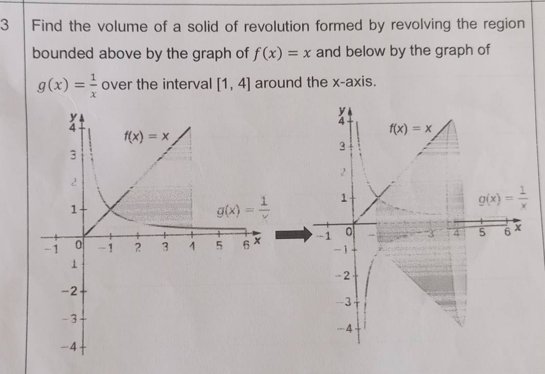 Find the volume of a solid of revolution formed by revolving the region
bounded above by the graph of f(x)=x and below by the graph of
g(x)= 1/x  over the interval [1,4] around the x-axis.