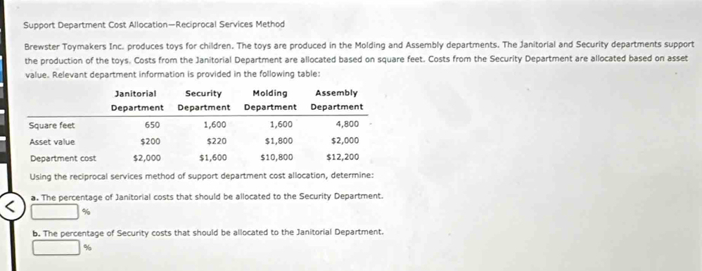 Support Department Cost Allocation—Reciprocal Services Method 
Brewster Toymakers Inc. produces toys for children. The toys are produced in the Molding and Assembly departments. The Janitorial and Security departments support 
the production of the toys. Costs from the Janitorial Department are allocated based on square feet. Costs from the Security Department are allocated based on asset 
value. Relevant department information is provided in the following table: 
Using the reciprocal services method of support department cost allocation, determine: 
a. The percentage of Janitorial costs that should be allocated to the Security Department.
%
b. The percentage of Security costs that should be allocated to the Janitorial Department.
%