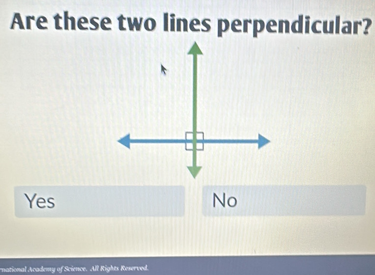 Are these two lines perpendicular?
Yes No
rnational Academy of Science. All Rights Reserved.