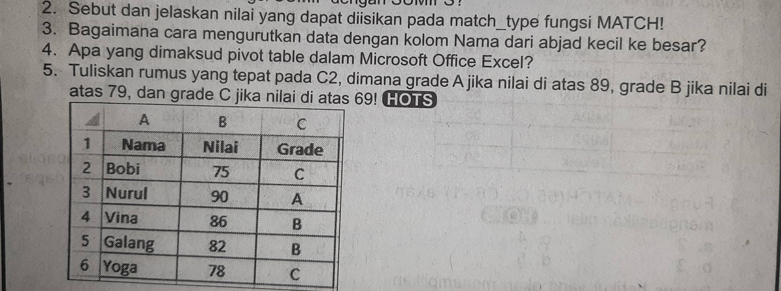 Sebut dan jelaskan nilai yang dapat diisikan pada match_type fungsi MATCH! 
3. Bagaimana cara mengurutkan data dengan kolom Nama dari abjad kecil ke besar? 
4. Apa yang dimaksud pivot table dalam Microsoft Office Excel? 
5. Tuliskan rumus yang tepat pada C2, dimana grade A jika nilai di atas 89, grade B jika nilai di 
atas 79, dan grade C j69! HOTS