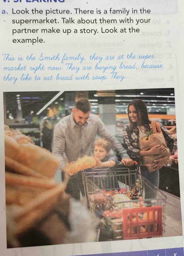 Look the picture. There is a family in the 
supermarket. Talk about them with your 
partner make up a story. Look at the 
example.