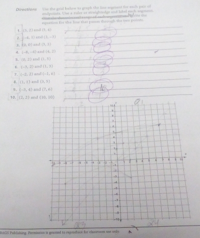 Directions Use the grid below to graph the line segment for each pais of 
endpoints. Use a ruler or straightedge and label each segment. 
Shohedonan ierandrange nd-each sepnermn rite the 
_ 
equation for the line that paases through the two points. 
_ 
1. (5,2) and (5,4)
_ 
2. (-6,1) and (2,-3)
3, (0,0) and (3,3)
4. (-8,-4) and (4,2)
_ 
_ 
5. (0,2) ind (1,5)
_ 
_ 
6. (-3,2) and (1,3)
7. (-2,2) and (-1,6)
8 (1,1) and (3,5)
_ 
9. (-3,4) and (7,6)
_ 
10 (2,2) and (10,10)
_ 
DAGS Publishing. Fermission is gransed to reproduce for classroom use only. A