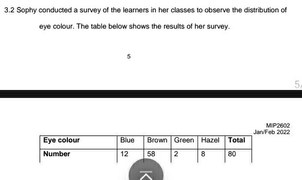 3.2 Sophy conducted a survey of the learners in her classes to observe the distribution of 
eye colour. The table below shows the results of her survey.
5
5
MIP2602
b 2022