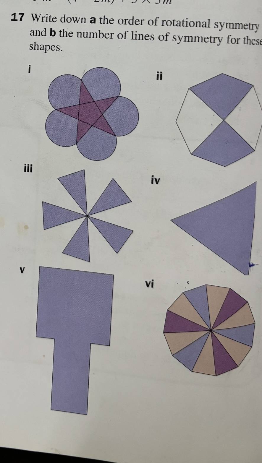 Write down a the order of rotational symmetry 
and b the number of lines of symmetry for thes e 
shapes. 
i 
ⅱ 
ii 
iv 
vi