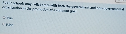 Public schools may collaborate with both the government and non-governmental
organization in the promotion of a common goal
True
False