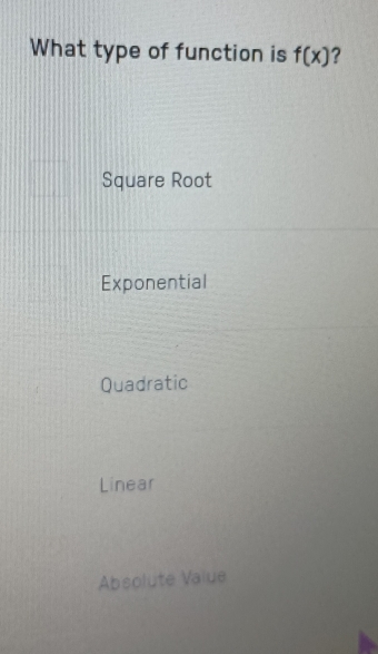 What type of function is f(x) ?
Square Root
Exponential
Quadratic
Linear
Absolute Value