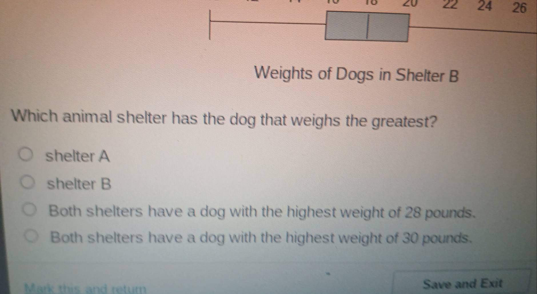 ZU 22 24 26
Weights of Dogs in Shelter B
Which animal shelter has the dog that weighs the greatest?
shelter A
shelter B
Both shelters have a dog with the highest weight of 28 pounds.
Both shelters have a dog with the highest weight of 30 pounds.
Mark this and return Save and Exit