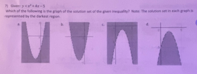 Given: y
Which of the following is the graph of the solution set of the given inequality? Note: The solution set in each graph is 
represented by the darkest region.