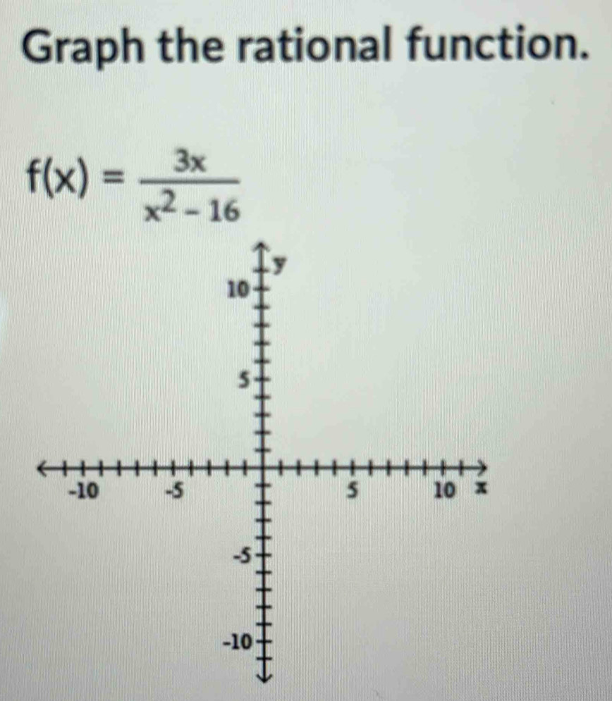 Graph the rational function.
f(x)= 3x/x^2-16 