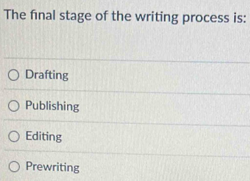 The final stage of the writing process is:
Drafting
Publishing
Editing
Prewriting