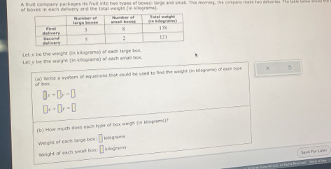 A fruit company packages its fruit into two types of boxes: large and small. This moming, the company made two deiveries. The lable 
of boxes in each delivery and the total weight (in kilegrams). 
Let x be the weight (in kilograms) of each large box. 
Let y be the weight (in killograms) of each small box. 
of box . (a) Write a system of equations that could be used to find the weight (in kilograms) of each type 
× D
□ x+□ y=□
□ x+□ y=□
(b) How much does each type of box weigh (in klograms)? 
Weight of each large box: □ kilograms
Weight of each small box: kilograms
Save PFor Later