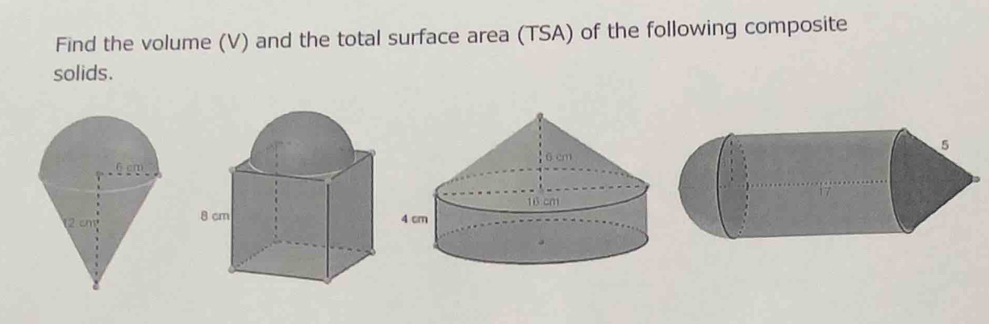 Find the volume (V) and the total surface area (TSA) of the following composite 
solids.