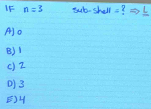 IF n=3 5ub-5hell= ?
A) o
B) 1
() 2
() 3
E) H