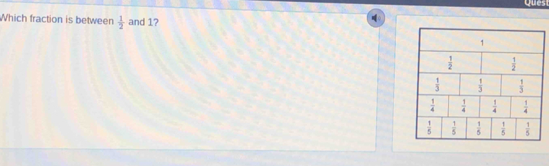 Ques
Which fraction is between  1/2  and 1?