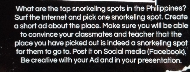 What are the top snorkeling spots in the Philippines? 
Surf the Internet and pick one snorkeling spot. Create 
a short ad about the place. Make sure you will be able 
to convince your classmates and teacher that the 
place you have picked out is indeed a snorkeling spot 
for them to go to. Post it on Social media (Facebook). 
Be creative with your Ad and in your presentation.