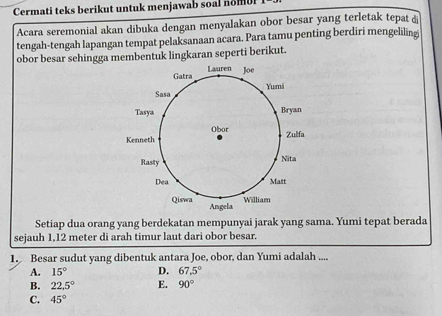 Cermati teks berikut untuk menjawab soal nom ul
Acara seremonial akan dibuka dengan menyalakan obor besar yang terletak tepat di
tengah-tengah lapangan tempat pelaksanaan acara. Para tamu penting berdiri mengelilingi
obor besar sehingga membentuk lingkaran seperti berikut.
Setiap dua orang yang berdekatan mempunyai jarak yang sama. Yumi tepat berada
sejauh 1,12 meter di arah timur laut dari obor besar.
1. Besar sudut yang dibentuk antara Joe, obor, dan Yumi adalah ....
A. 15° D. 67,5°
B. 22,5° E. 90°
C. 45°