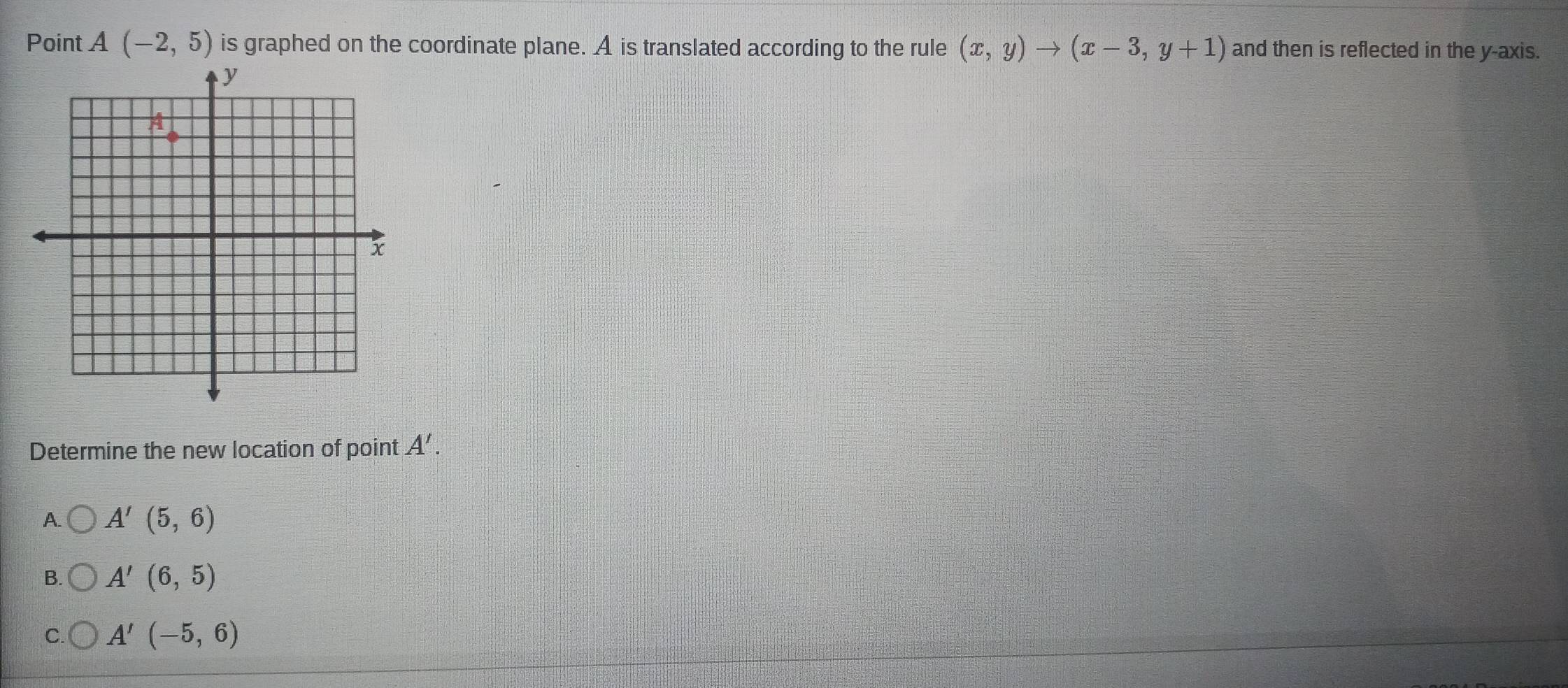 Point A(-2,5) is graphed on the coordinate plane. A is translated according to the rule (x,y)to (x-3,y+1) and then is reflected in the y-axis.
Determine the new location of point A'.
A. A'(5,6)
B. A'(6,5)
C. A'(-5,6)