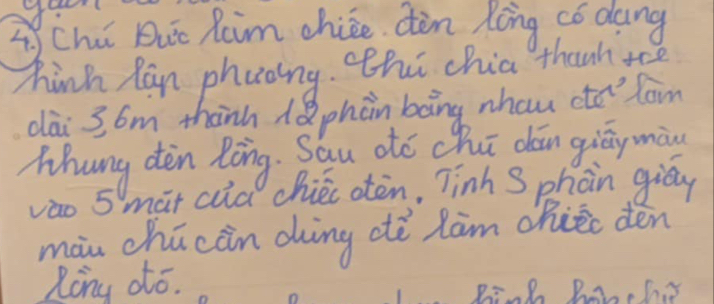 yo 
Z Chi Dut Rim chice dòn Rong có dang 
hink Ran phuoing. thú chia thanh, tee 
dài 3 6m thành 18 phàn bāng nhau coo loin 
hhung dèn Ròng. Sau dó chu dān giāy màu 
vao 5 mat cua chii otòn, Tinh S phoin gioy 
màu chū càn dìng dè làm chièi dén 
Rony dó.