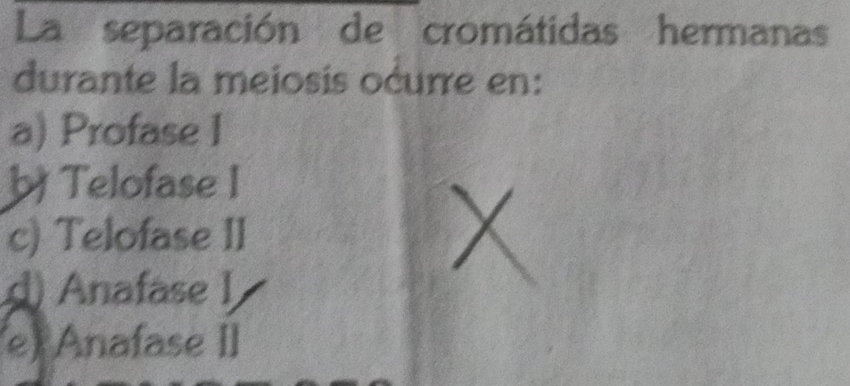 La separación de cromátidas hermanas
durante la meiosis ocurre en:
a) Profase I
b Telofase I
c) Telofase II
d) Anafase I
(e) Anafase II