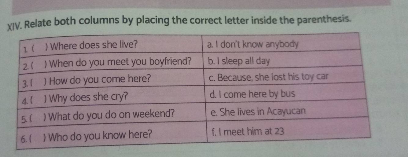 Relate both columns by placing the correct letter inside the parenthesis.