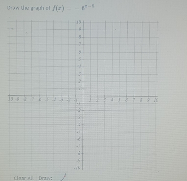 Draw the graph of f(x)=-6^(x-5)
1 
Clear All Draw: