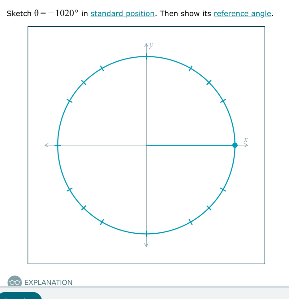 Sketch θ =-1020° in standard position. Then show its reference angle. 
EXPLANATION